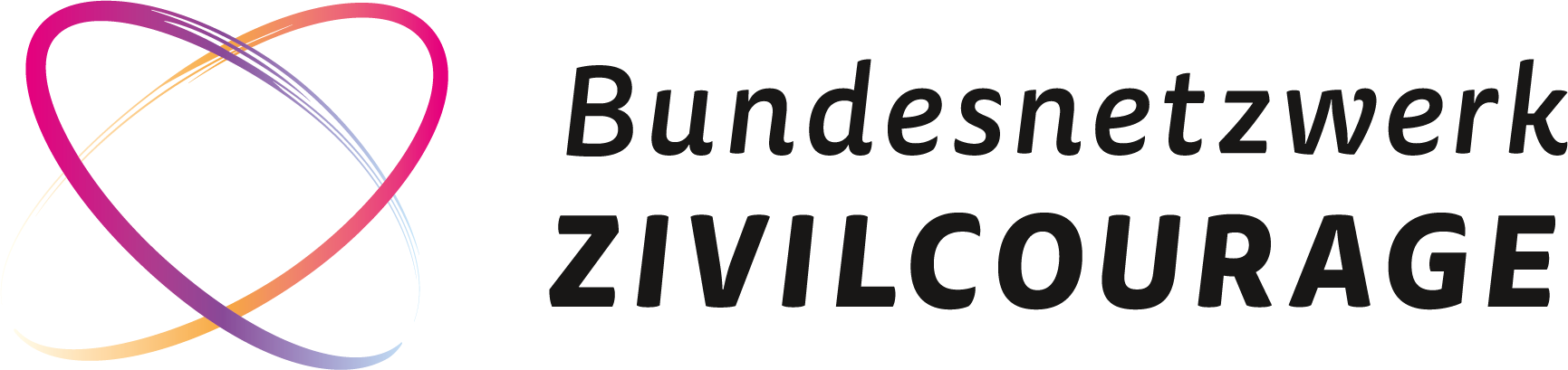 Das Logo des ‚Bundesnetzwerk Zivilcourage‘. Es besteht aus zwei bunten, geschwungenen Pinselstrichten die verschränkt zusammen ein Herz bilden.